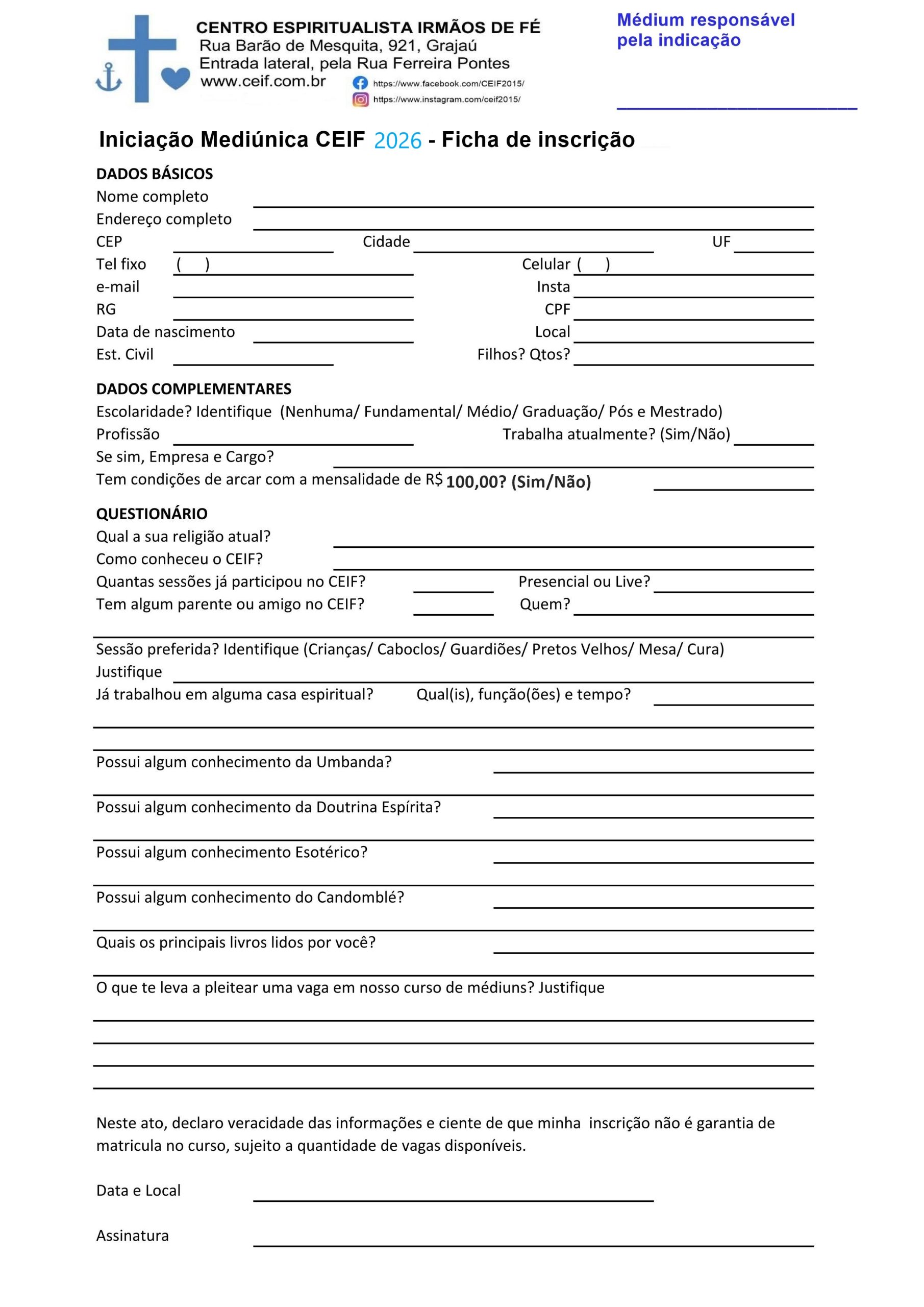 FICHA INSCRIÇÃO - Iniciação Mediúnica CEIF - 2026